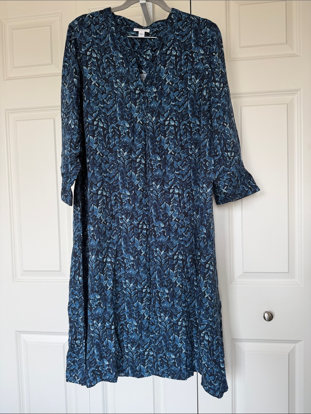 J. Jill Navy and Light Blue Leaf-Print Midi Dress